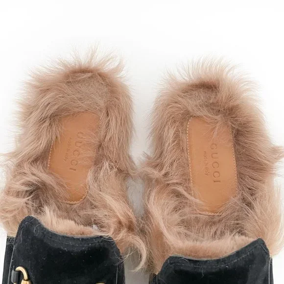 Gucci Princetown Fur Slipper EU 40 US 10 Black Velvet Horsebit Mule Loafer Flat - Picture 4 of 11